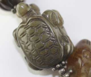   Kahn Russell Carved Soochow Jade Bead Sterling Necklace Foo Dog Turtle