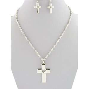 Fashion Jewelry ~ Silvertone Cross Pendant Necklace and Earrings Set 