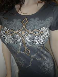 Sexy Gold Cross Chains Tattoo Stones Dark Charcoal Tee Cut Out Shirt 