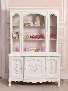 Shabby Cottage Chic White Glass China Cabinet French Style Roses 