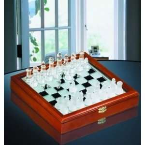  GLASS CHESS SET IN WOODEN BOX WOOD BOX SIZE: 10.5x 10 3/8 