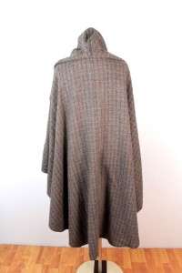womens brown HARVE BENARD cape shawl coat wool tweed hood scarf L XL 