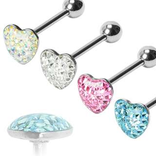 GEM PAVED HEART BARBELL EPOXY 14G 5/8 STEEL TONGUE RING PIERCING 