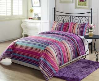 3pcs White Yellow Blue Stripe Purple Orange Leaf Reversible Comforter 