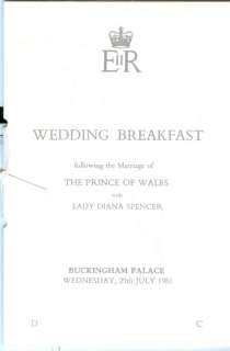 Princess Diana: ROYAL WEDDING BREAKFAST BOOKLET 1981  