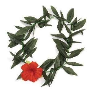  12 LUAU tiki PARTY LEAF LEIS with Red Hibiscus flower 