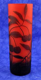 Antique Red Black French Cameo Glass Vase Cherry Design  