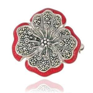    Sterling Silver Marcasite and Pink Enamel Flower Pin Jewelry