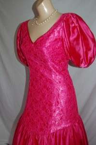 vintage 80s party dress neon fuschia pink satin lace n satin prom 