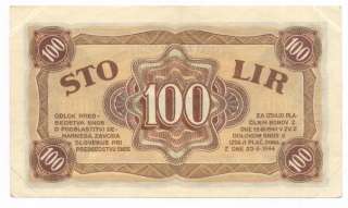YUGOSLAVIA: 100 Lir 1944 aUNC *WORLD WAR II*SLOVENIAN NATIONAL 