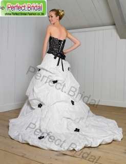 White Wedding Dress Black lace Bridal Gown Bride Party Prom Ball 