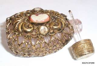   FILIGREE JEWELED PERFUME BOTTLE w/ CAMEO. CLEAR PINK CRYSTAL.  