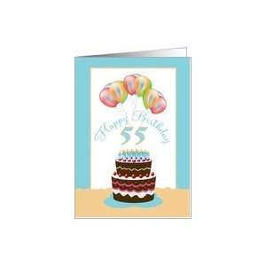  55th Happy Birthday Cake Lit Candles and Balloons Card 