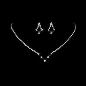  Silver Navy Blue Crystal V Shaped Necklace Earring Set 