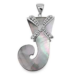   High Rhodium Plated Brass Shell Abalone Letter J Pendant Jewelry