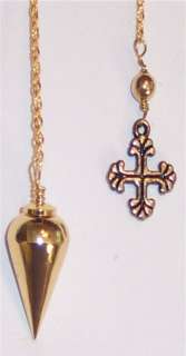 GOLDEN CONE Brass Metal CHAMBER Pendulum w/Cross Charm  