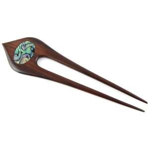 Hand Carved Double Prong Sono Wood Hair Stick   Oval Shaped Shell 