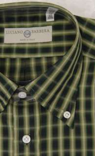 LUCIANO BARBERA SHIRT $335 DARK GREEN CHECK DRESS SHIRT 15 3/4 33/34 