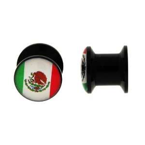Black Acrylic Double Flare Plug   Mexican Flag Logo   0g   Sold as a 