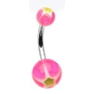 Belly Button Navel Ring Non Dangling with Pink and Green Glitter Punch 