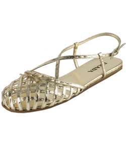 Prada Gold Leather Woven Strap Flat Sandals  Overstock