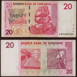 20 ZIMBABWE DOLLARS BANK NOTE (2007) PRE TRILLION P68  
