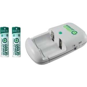  New Green Travel Charger with 2 AA Green Batteries 