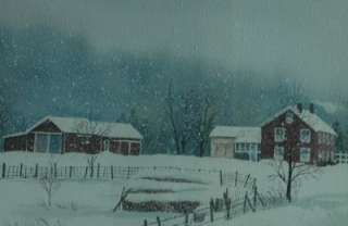 Winter Watercolor Landscape of Farmhouse & Barn by Listed Artist Emel 