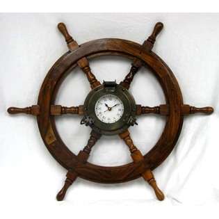   Ship Wheel Porthole Clock   Wood with Antique Style Face 