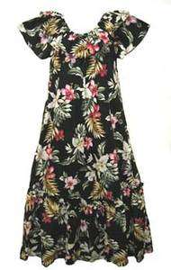   Long Traditional Muumuu Black Hibiscus Ruffle Dress S,M,L,XL  