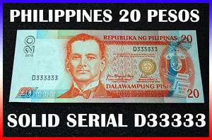 2010 Philippines 20 Peso Banknote D333333 uncirculated  