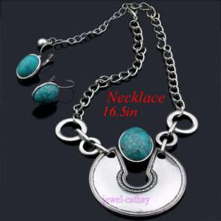 blue oval turquoise Tibet silver necklace earring set  