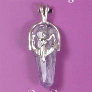 Sterling Silver Crescent Moon Goddess & Amethyst DT Crystal Pendant 