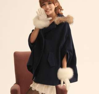 FASHION WINTER DOUBLE BREASTED HOODED CAPE COAT FAUX WOOLEN WF 1550 
