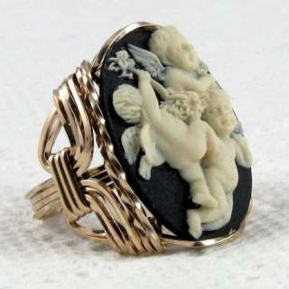 Baby Angel Cherubs Cameo Ring 14K Rolled Gold  