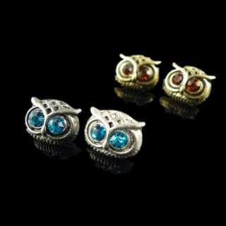 pairs Bronze 2 Colors Rhinestone Eye Owl Ear Stud Earrings  