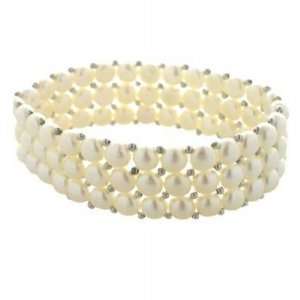   Freshwater Genuine White Pearl Bracelet 3 Row Button Shape 6mm Stretch
