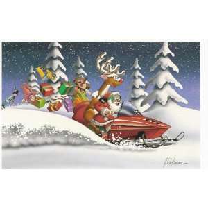 Snowmobile Christmas Card   Santa packages falling out  