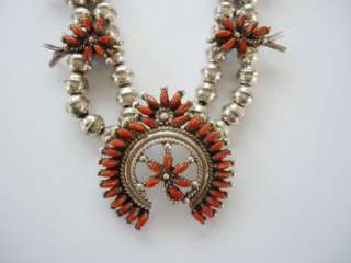   Sterling Silver & Red Coral Needlepoint Squash Blossom Necklace  
