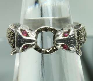 Penannular Animal Head Sterling Silver Marcasite Ring Cat Lion Panther 