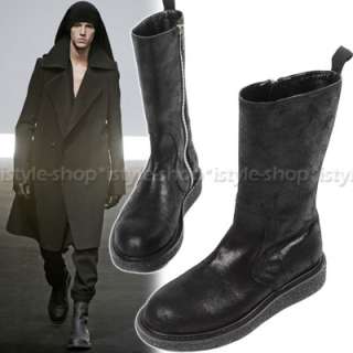 Mens Runway Round toe Side Zip Up Leather Tall Boots  