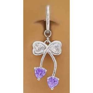 Fake Belly Navel Non Clip on Piercing Purple & Cz Bow w/ Hearts Dangle 