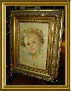 ANTIQUE French Baby Girl Portrait Signed Oil Painting  