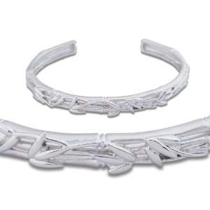    Sterling Silver Bamboo and Banana Leaf Cuff Bracelet Jewelry