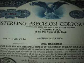 Old 1961 STERLING PRECISION Corp. Stock Certificate  