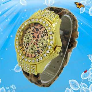 Luxury MILER Leopard Leather Crystal Golden Dial Ladies Women Wrist 