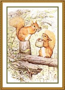 Beatrix Potter Squirrel Nutkin Sitting on a Fence Counted Cross Stitch 