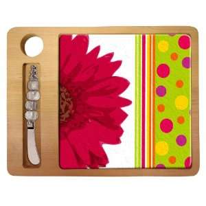  Daisy Glass Cutting Board with Spreader in Wooden Tray 