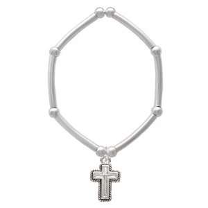  Silver Cross with Rope Border Tube and Bead Charm Bracelet 