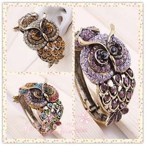 Old Bronze Plated MIx Color Rhinestone Owl Open Bracelet  